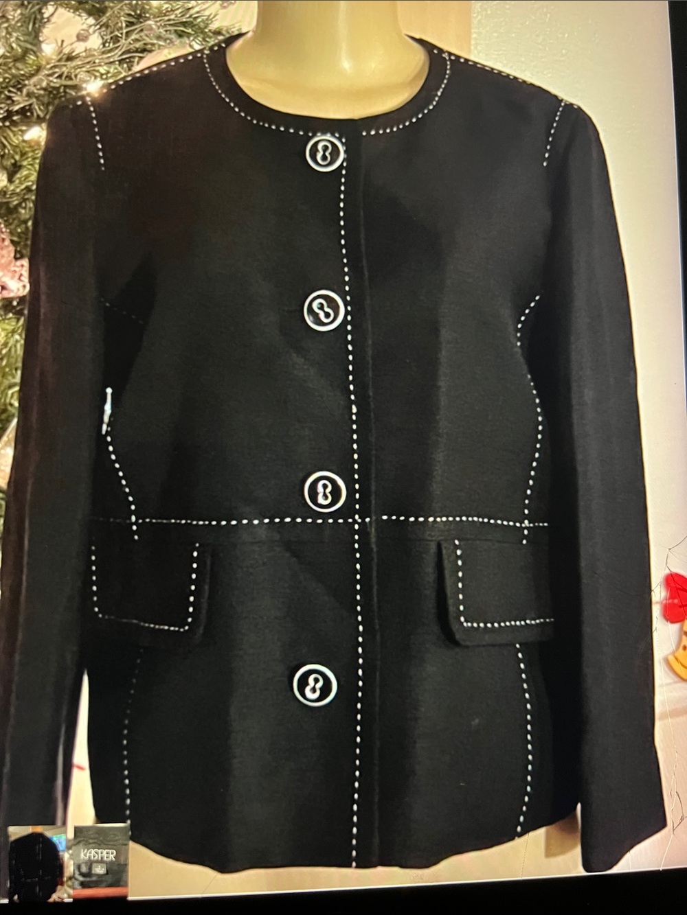 Kasper Black Round-Neck Button Jacket with Contrast Stitching